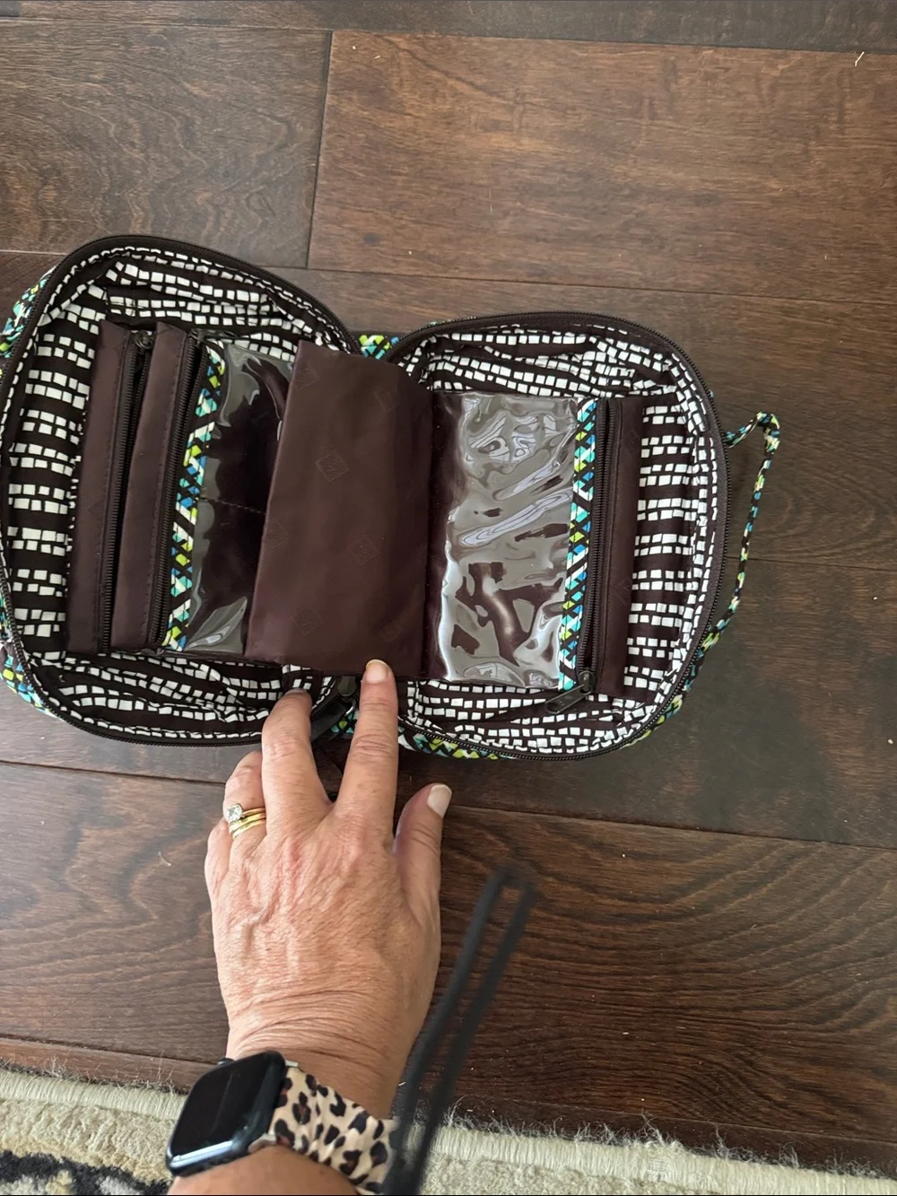 Vera Bradley Quilted Jewelry Travel Case in Blue, Green & White Geometric Print